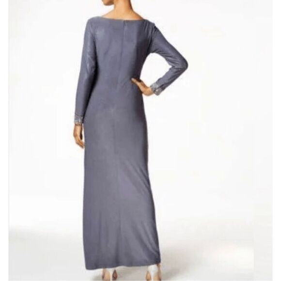 Alex Evenings Glittery Dark Gray Ruched Side floor Lengh Gown W/jeweled cuffs 8 - Picture 2 of 11